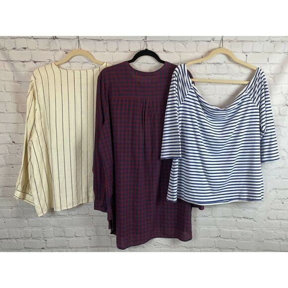 OLD NAVY set of 3 cream red blue check striped top tunic shirt long sleeve XXL - Picture 4 of 10